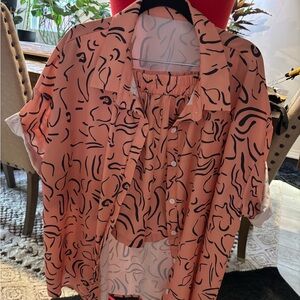 SHEIN Coral Abstract Print Button Down Shirt w/ shorts